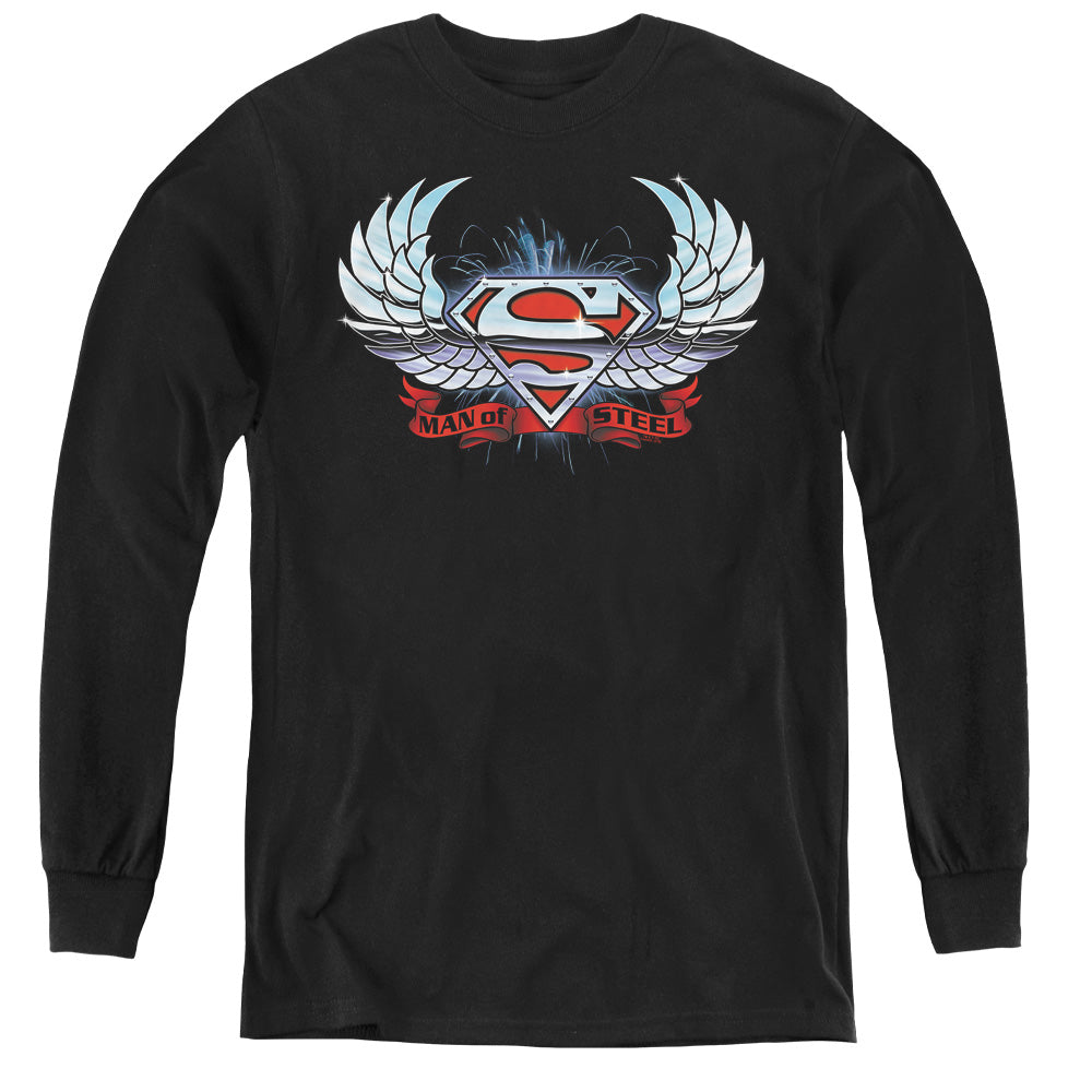 Superman Chrome Wings Shield Long Sleeve Kids Youth T Shirt Black