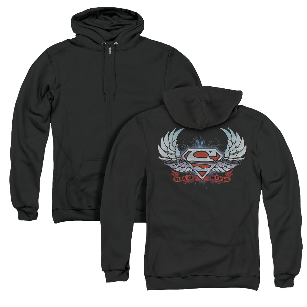 Superman Chrome Wings Shield Back Print Zipper Mens Hoodie Black