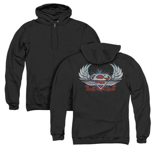 Superman Chrome Wings Shield Back Print Zipper Mens Hoodie Black