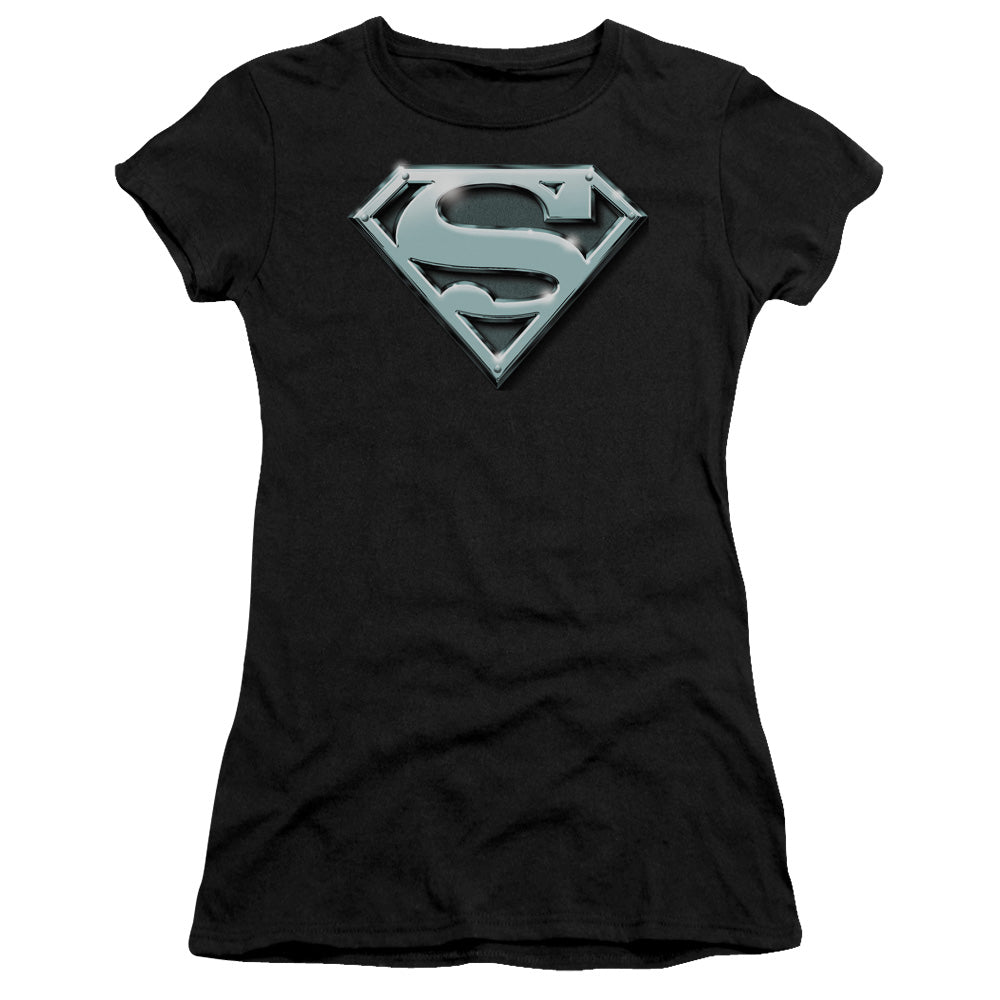 Superman Chrome Shield Junior Sheer Cap Sleeve Womens T Shirt Black