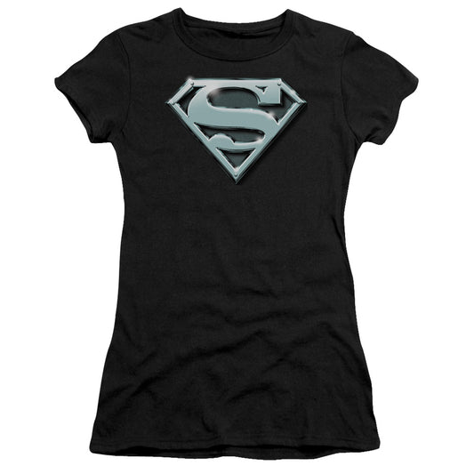 Superman Chrome Shield Junior Sheer Cap Sleeve Womens T Shirt Black