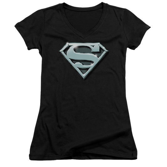 Superman Chrome Shield Junior Sheer Cap Sleeve V Neck Womens T Shirt Black