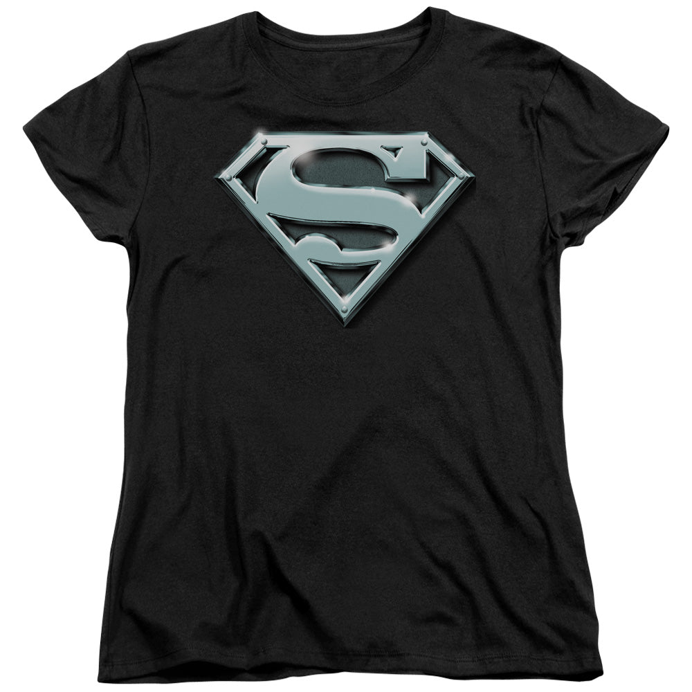 Superman Chrome Shield Womens T Shirt Black