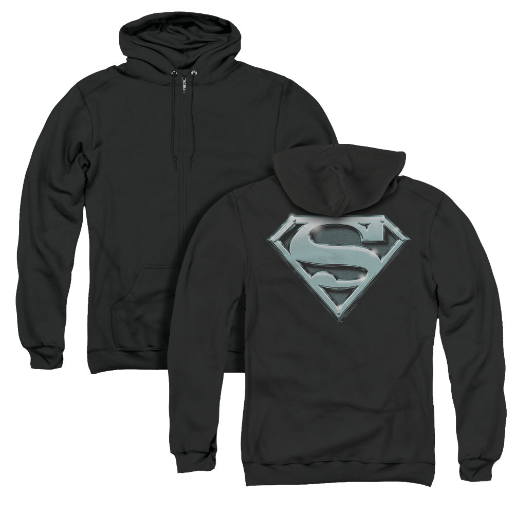 Superman Chrome Shield Back Print Zipper Mens Hoodie Black