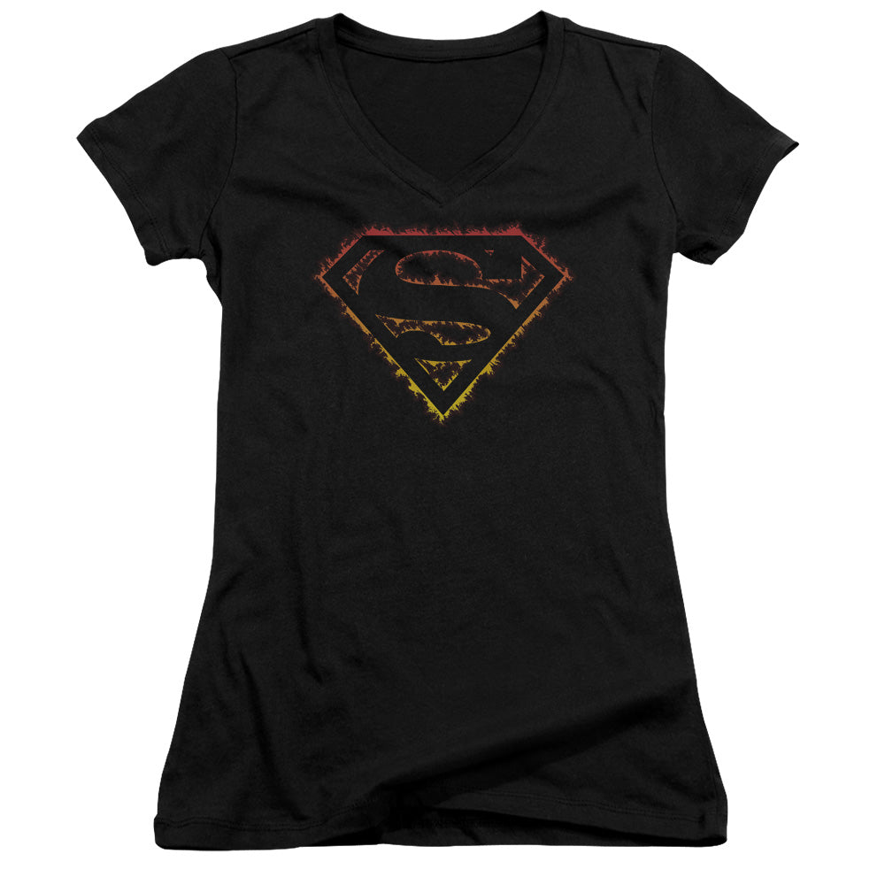 Superman Flame Outlined Logo Junior Sheer Cap Sleeve V Neck Womens T Shirt Black