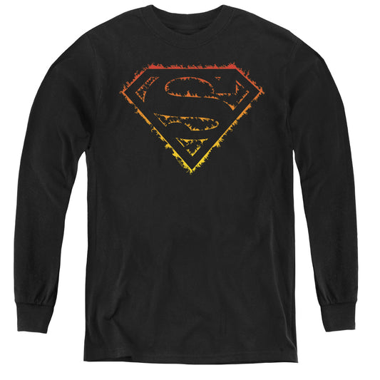 Superman Flame Outlined Logo Long Sleeve Kids Youth T Shirt Black