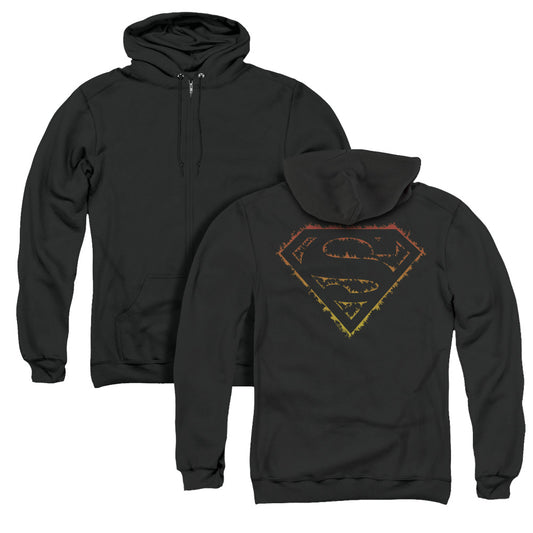 Superman Flame Outlined Logo Back Print Zipper Mens Hoodie Black