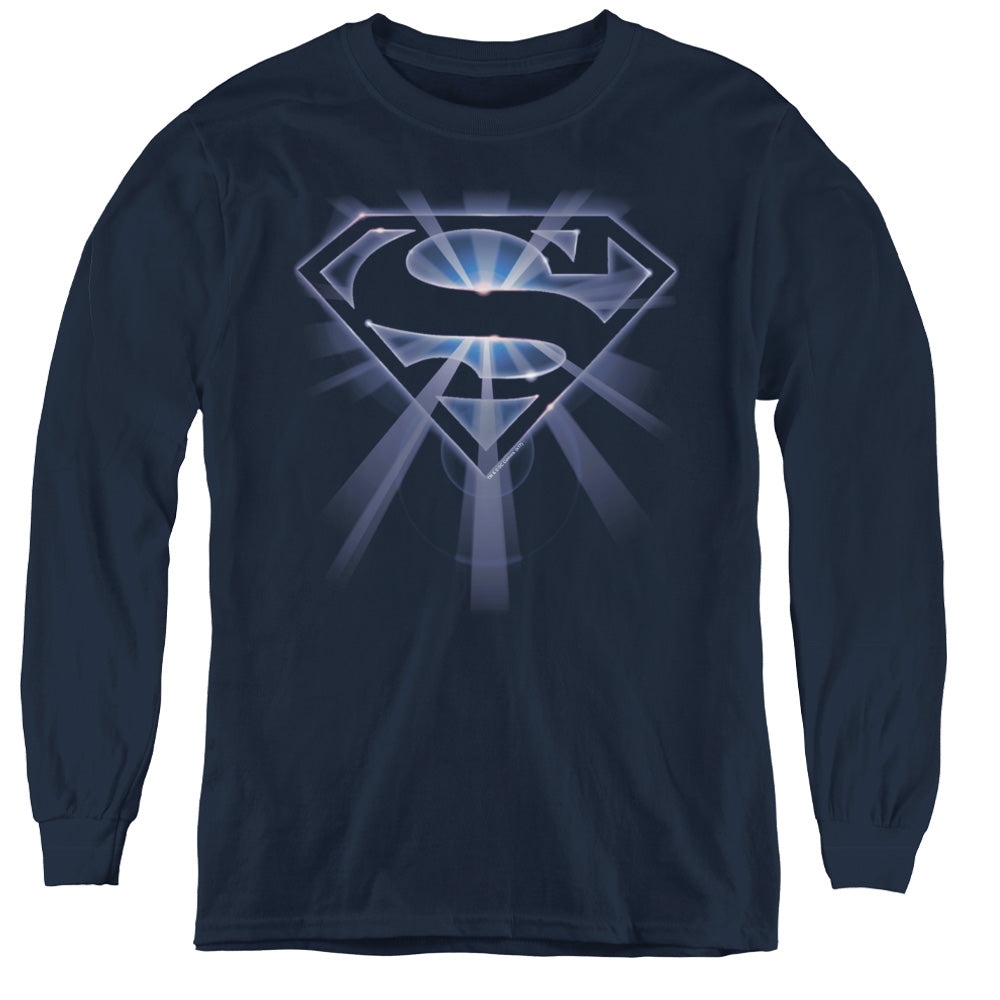 Superman Glowing Shield Long Sleeve Kids Youth T Shirt Navy