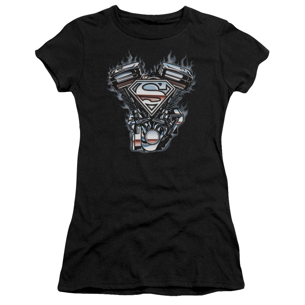 Superman V Twin Logo Junior Sheer Cap Sleeve Womens T Shirt Black