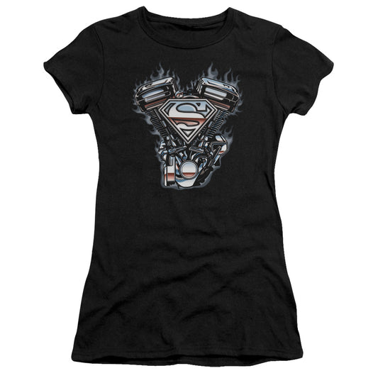 Superman V Twin Logo Junior Sheer Cap Sleeve Womens T Shirt Black