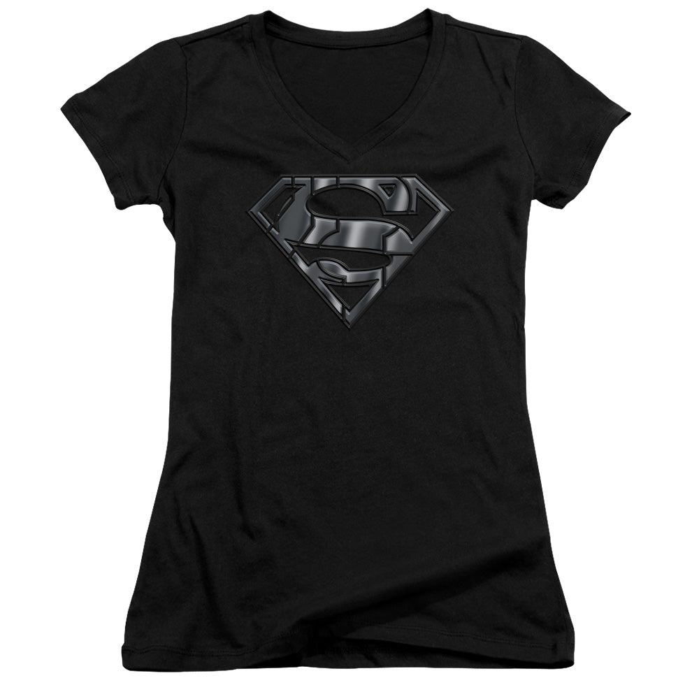 Superman Mech Shield Junior Sheer Cap Sleeve V Neck Womens T Shirt Black