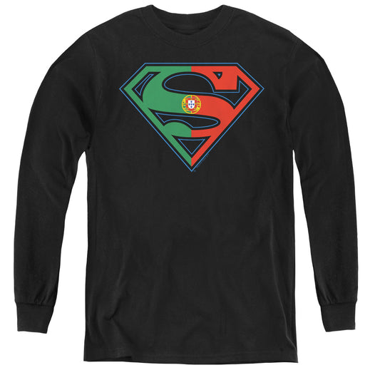 Superman Portugal Shield Long Sleeve Kids Youth T Shirt Black