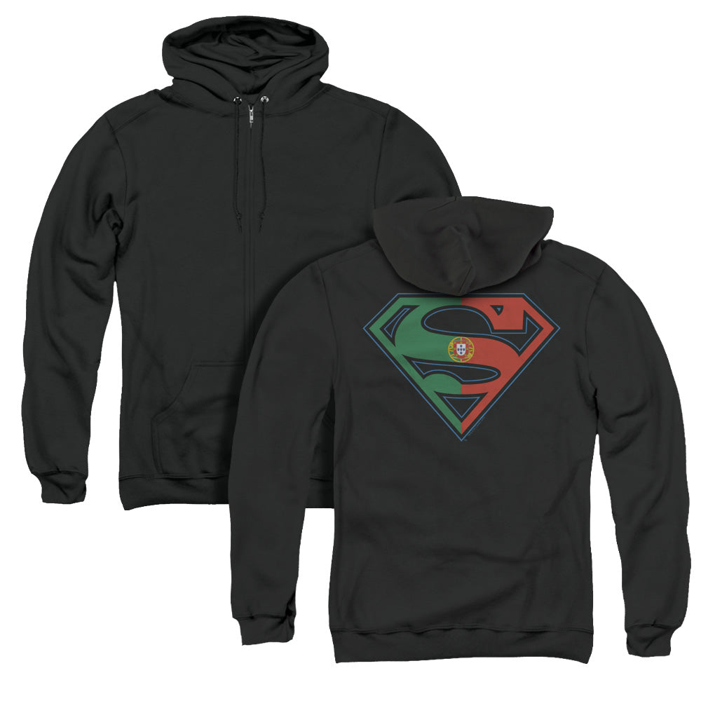 Superman Portugal Shield Back Print Zipper Mens Hoodie Black