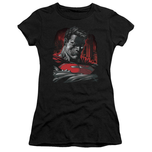 Superman Man Of Steel Junior Sheer Cap Sleeve Womens T Shirt Black