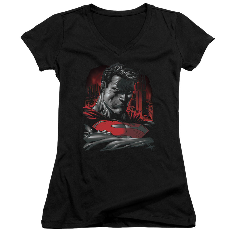 Superman Man Of Steel Junior Sheer Cap Sleeve V Neck Womens T Shirt Black