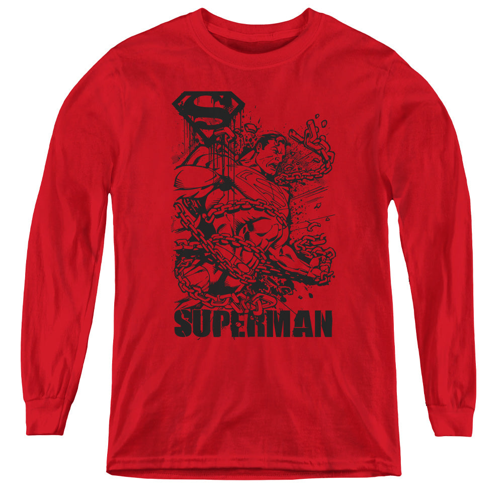 Superman Breaking Chains Long Sleeve Kids Youth T Shirt Red