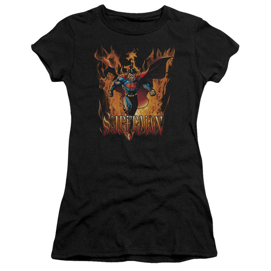 Superman Through The Fire Junior Sheer Cap Sleeve Womens T Shirt Black