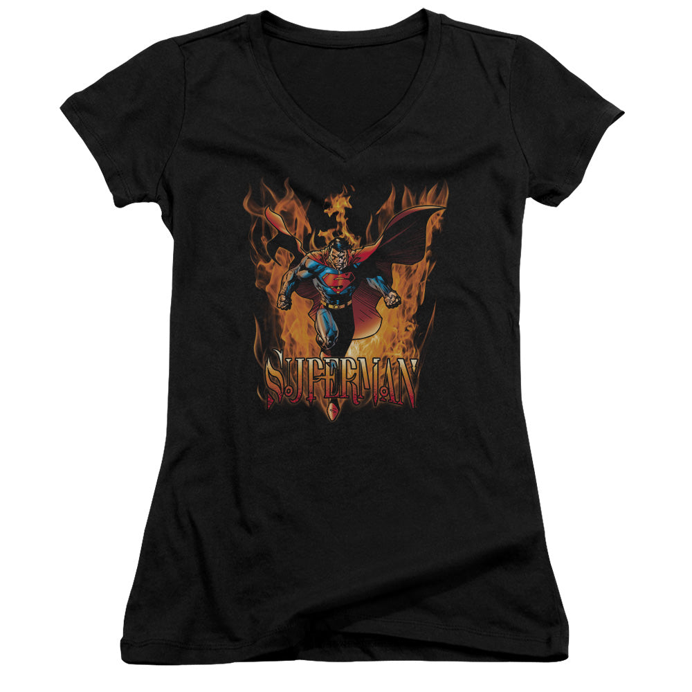 Superman Through The Fire Junior Sheer Cap Sleeve V Neck Womens T Shirt Black