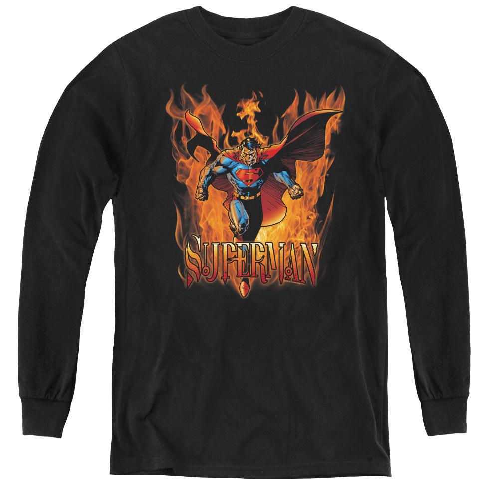 Superman Through The Fire Long Sleeve Kids Youth T Shirt Black