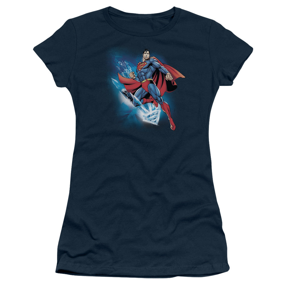 Superman Crystallize Junior Sheer Cap Sleeve Womens T Shirt Navy