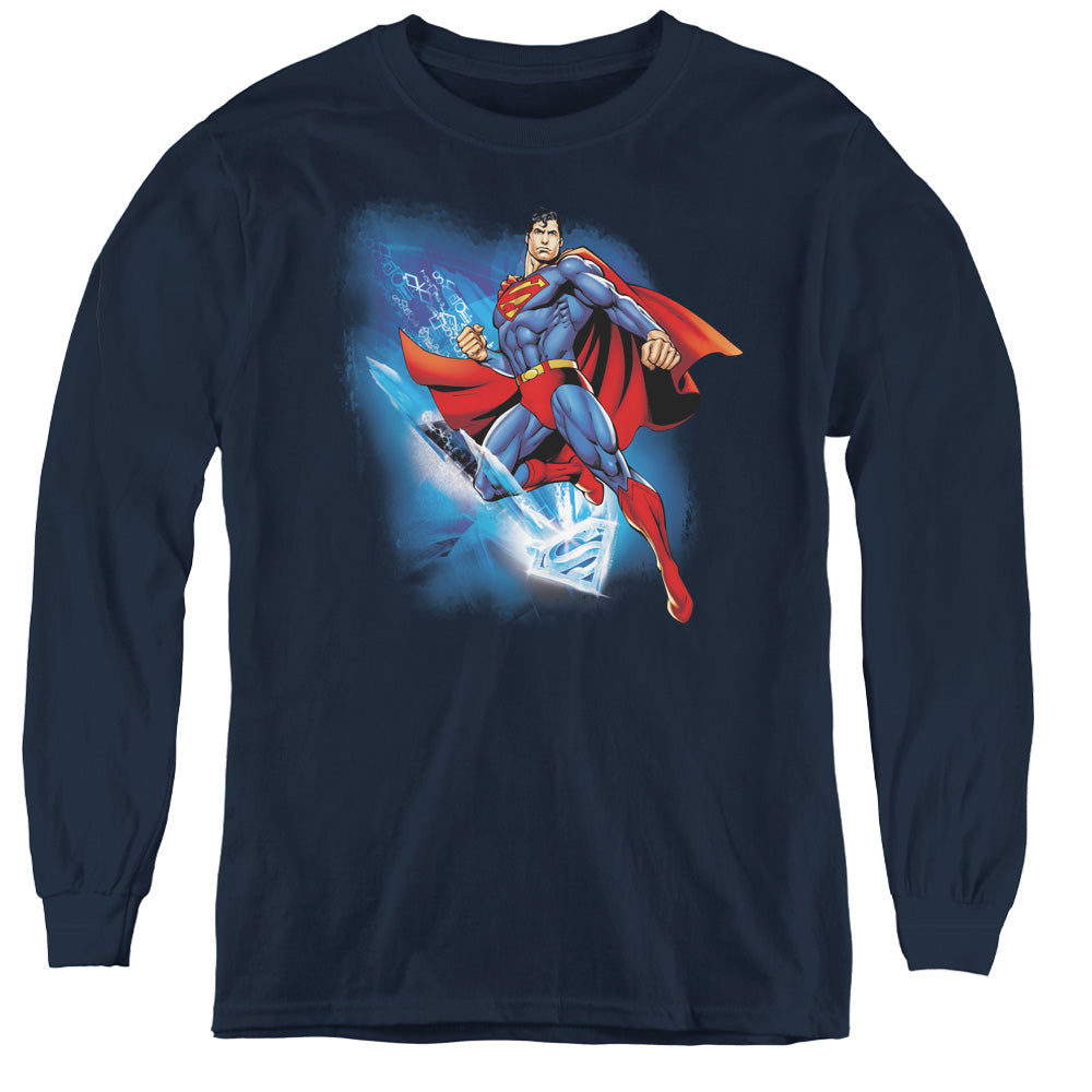 Superman Crystallize Long Sleeve Kids Youth T Shirt Navy