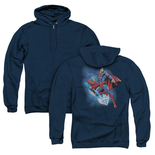 Superman Crystallize Back Print Zipper Mens Hoodie Navy