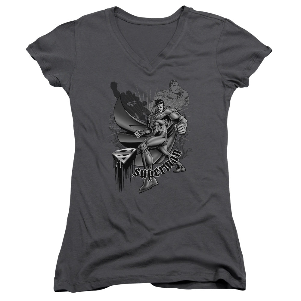 Superman Fight And Flight Junior Sheer Cap Sleeve V Neck Womens T Shirt Charcoal