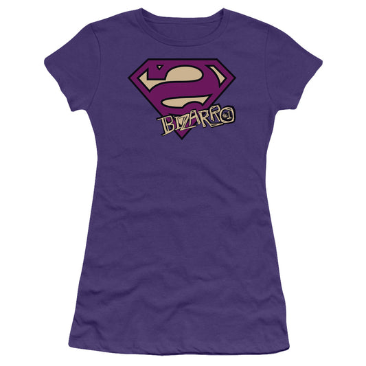 Superman Bizarro Shield Junior Sheer Cap Sleeve Womens T Shirt Purple