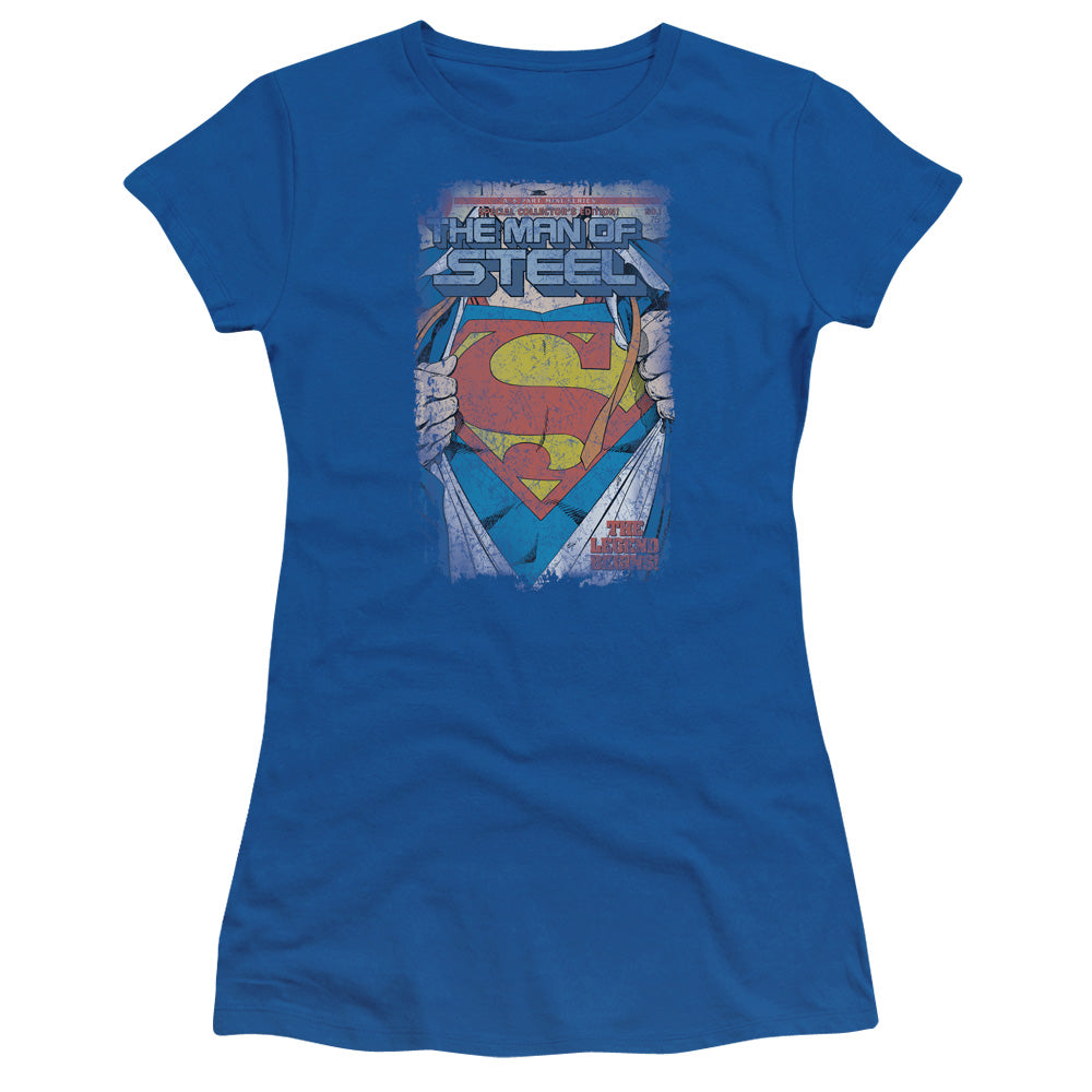 Superman Legendary Junior Sheer Cap Sleeve Womens T Shirt Royal Blue