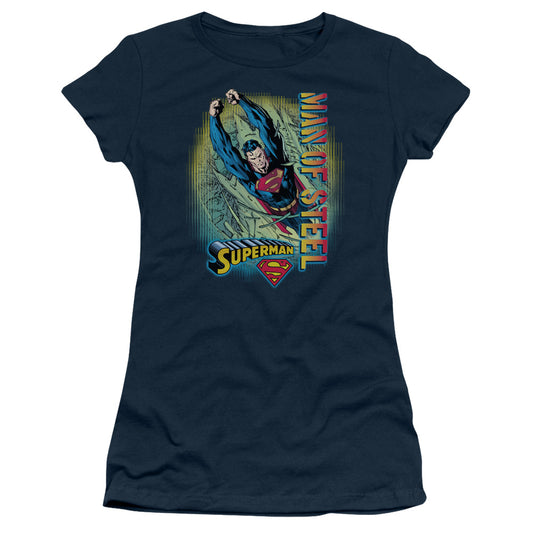 Superman Breakthrough Junior Sheer Cap Sleeve Womens T Shirt Navy