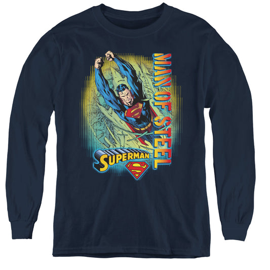 Superman Breakthrough Long Sleeve Kids Youth T Shirt Navy