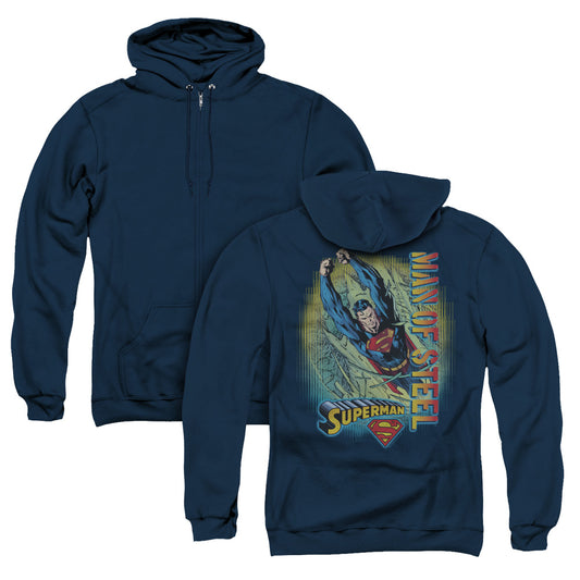 Superman Breakthrough Back Print Zipper Mens Hoodie Navy