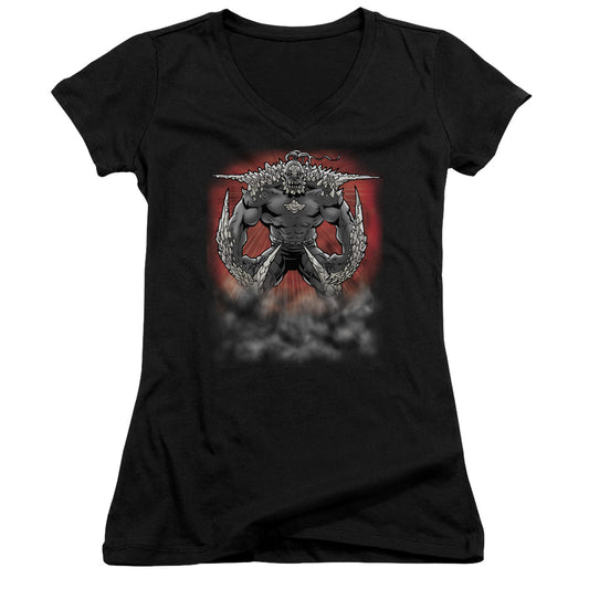 Superman Doomsday Dust Junior Sheer Cap Sleeve V Neck Womens T Shirt Black