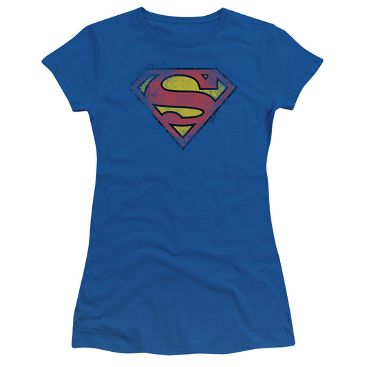 Superman Destroyed Supes Logo Junior Sheer Cap Sleeve Womens T Shirt Royal Blue