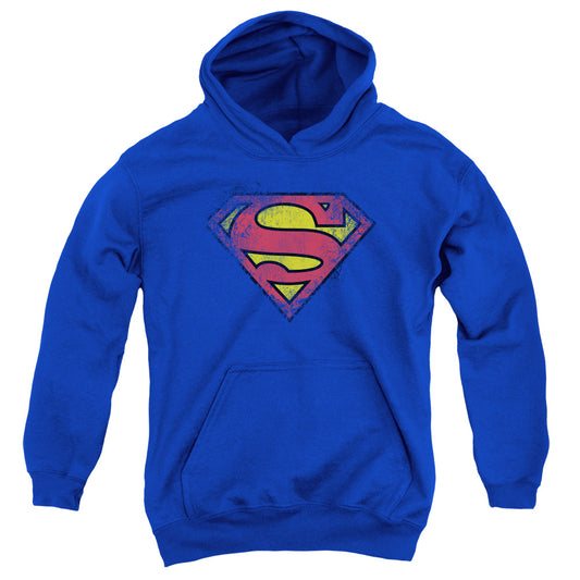 Superman Destroyed Supes Logo Kids Youth Hoodie Royal Blue