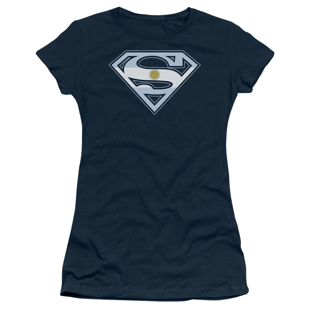 Superman Argentinian Shield Junior Sheer Cap Sleeve Womens T Shirt Navy