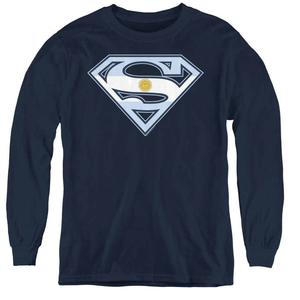 Superman Argentinian Shield Long Sleeve Kids Youth T Shirt Navy