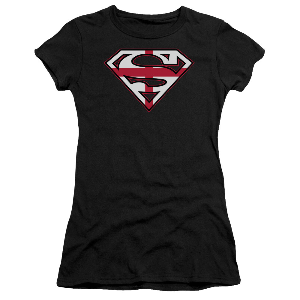 Superman English Shield Junior Sheer Cap Sleeve Womens T Shirt Black