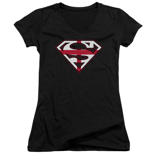 Superman English Shield Junior Sheer Cap Sleeve V Neck Womens T Shirt Black