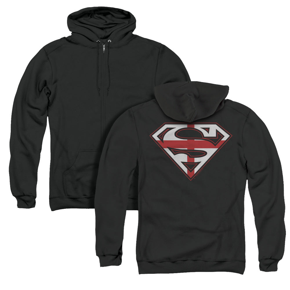 Superman English Shield Back Print Zipper Mens Hoodie Black