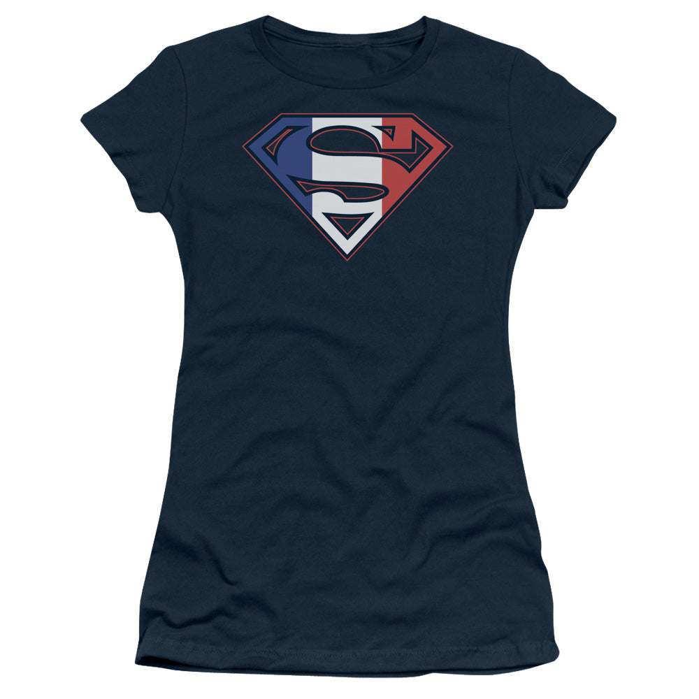 Superman French Shield Junior Sheer Cap Sleeve Womens T Shirt Navy