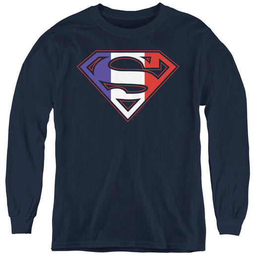 Superman French Shield Long Sleeve Kids Youth T Shirt Navy