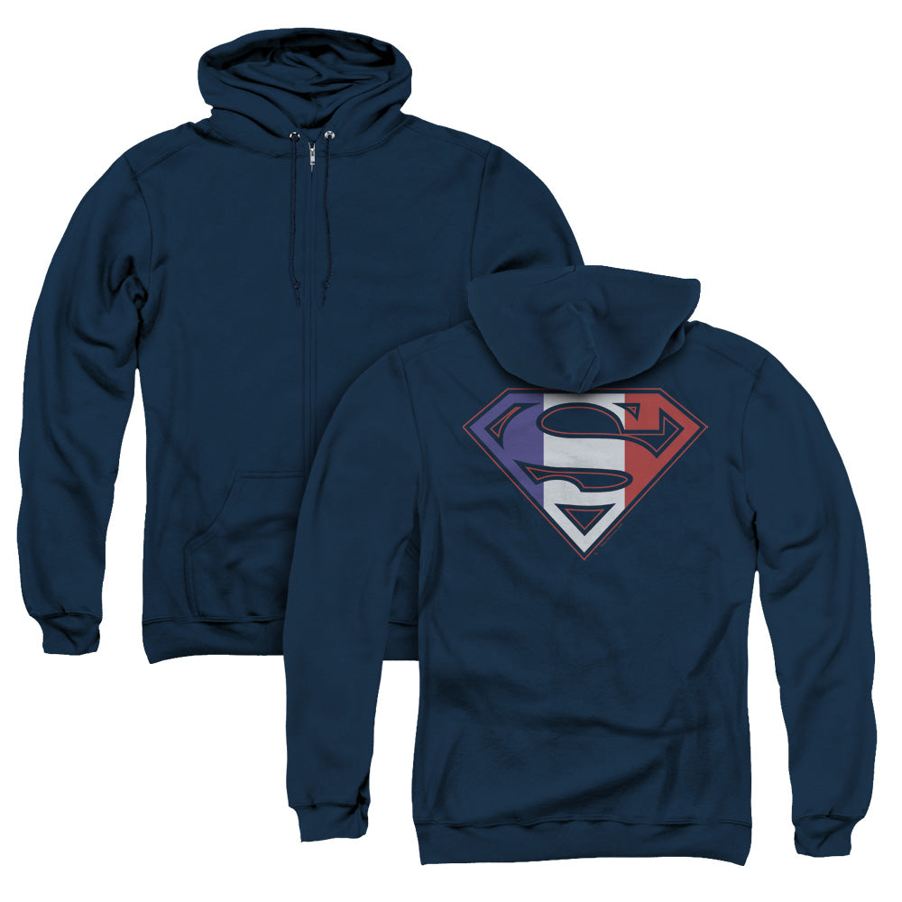 Superman French Shield Back Print Zipper Mens Hoodie Navy