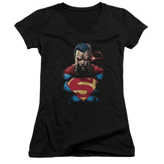 Superman Displeased Junior Sheer Cap Sleeve V Neck Womens T Shirt Black