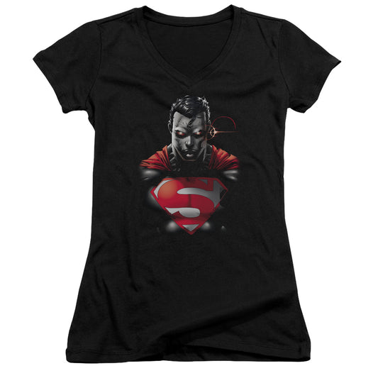 Superman Heat Vision Charged Junior Sheer Cap Sleeve V Neck Womens T Shirt Black