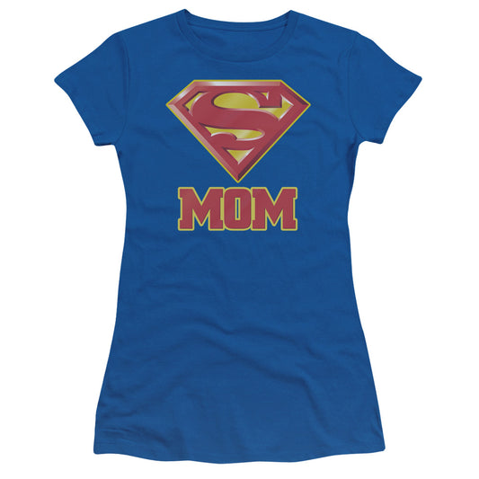 Superman Super Mom Junior Sheer Cap Sleeve Womens T Shirt Royal Blue