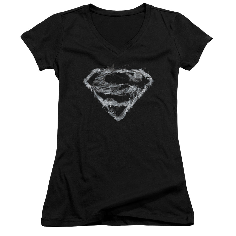 Superman Oking Shield Junior Sheer Cap Sleeve V Neck Womens T Shirt Black