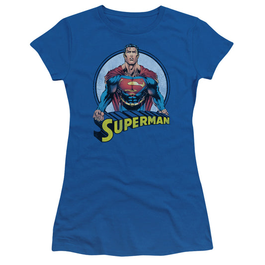 Superman Flying High Again Junior Sheer Cap Sleeve Womens T Shirt Royal Blue