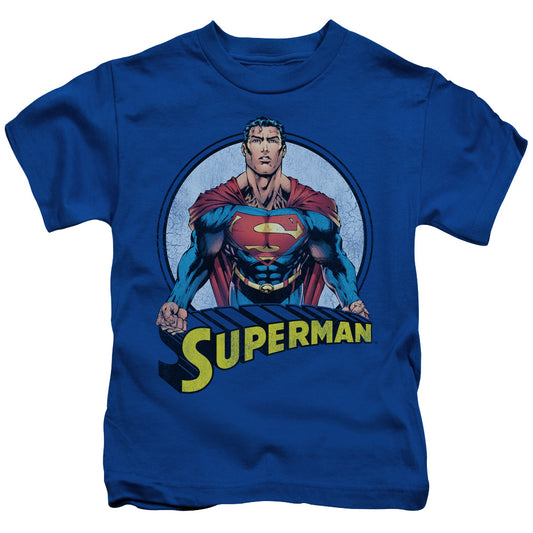 Superman Flying High Again Juvenile Kids Youth T Shirt Royal Blue