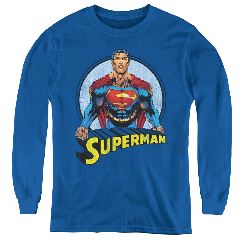 Superman Flying High Again Long Sleeve Kids Youth T Shirt Royal Blue